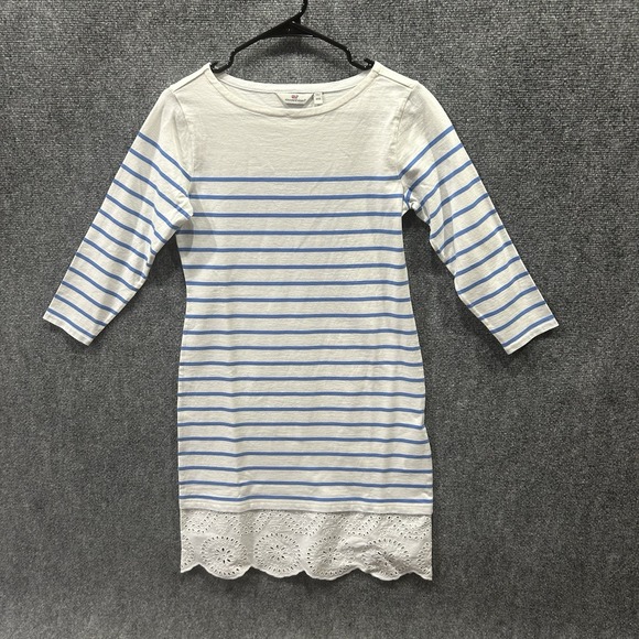 Vineyard Vines Dresses & Skirts - Vineyard Vines Lace Hem Mini Shift Dress 3/4 Sleeve White Blue Striped XXS
